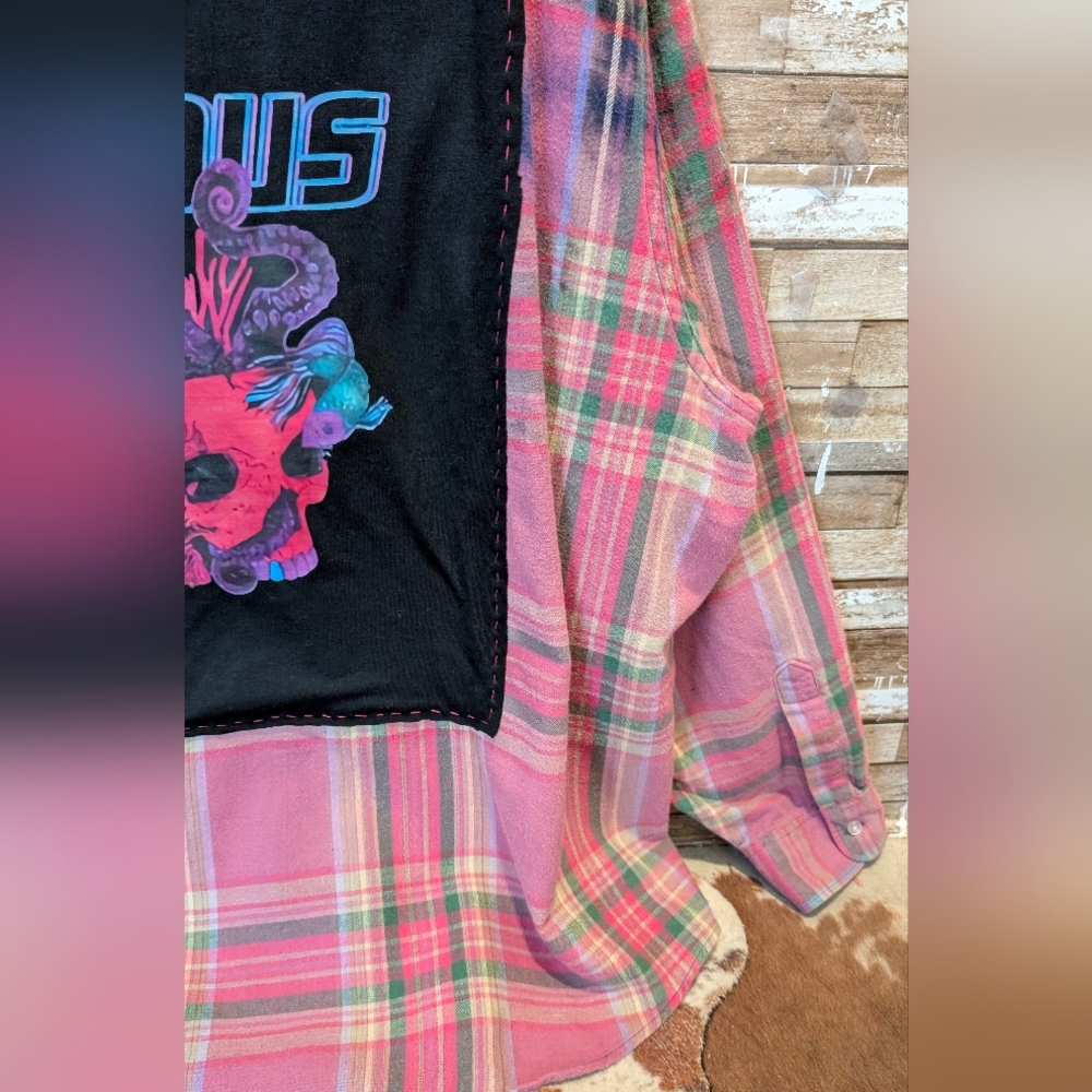 Incubus Graphic Upcycled Dip Dye Bleached Flannel Shirt - Picture 8 of 14